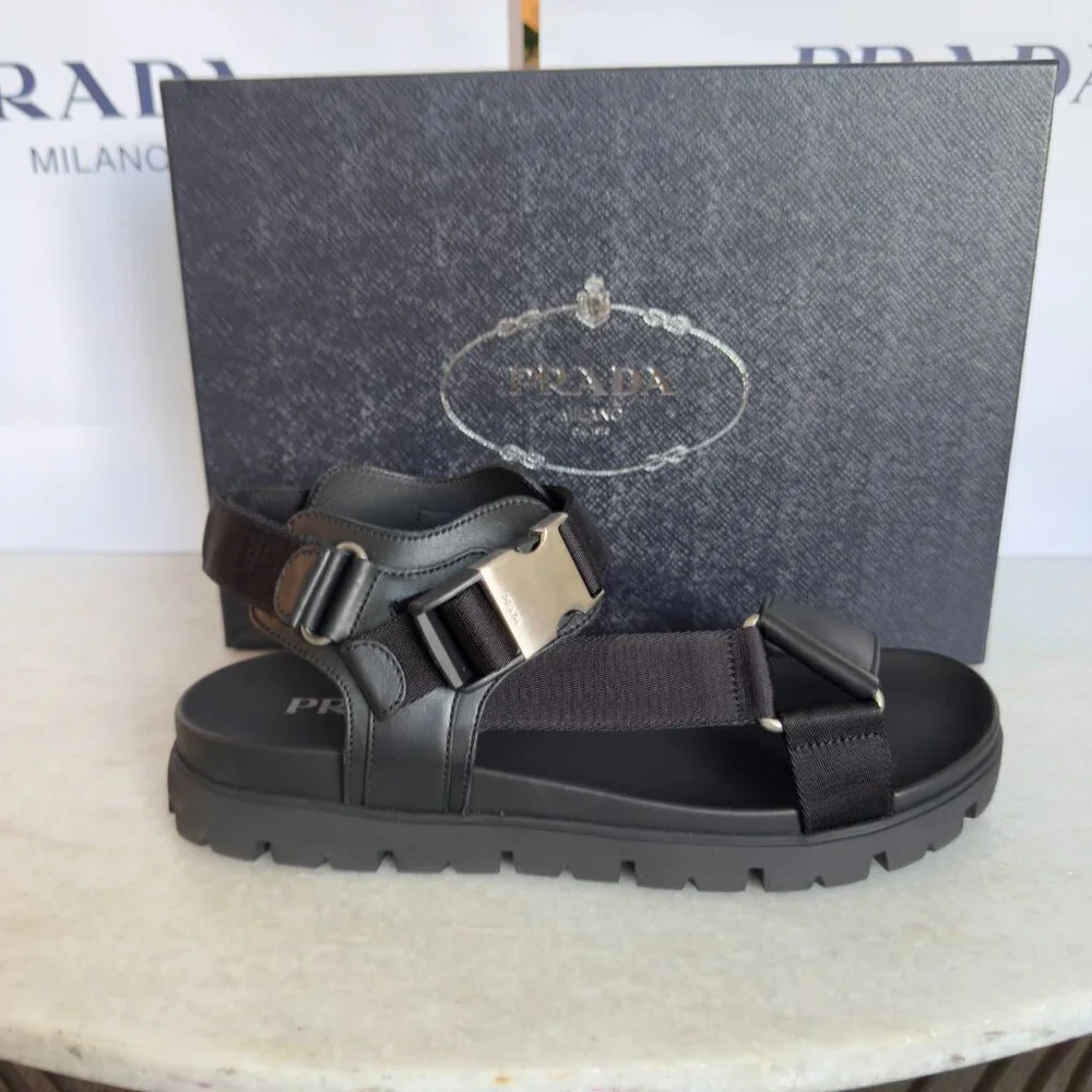 Prada‎ Nastro Black Canvas and Leather Tape Men's Sandal, 10.5 - - 2x3055